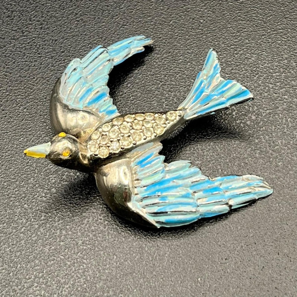 Vintage 1940s Swallow Bird Brooch Blue Enamel Rhinestone WWII Pot Metal Figural